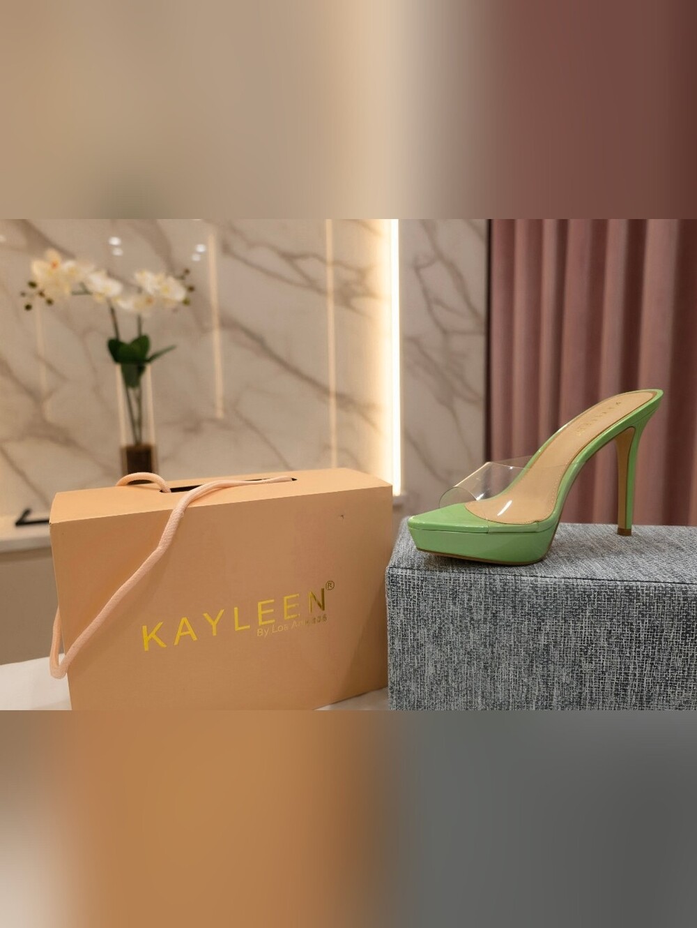Kayleen By Los Anheles Green Clear Strap Platform Heels